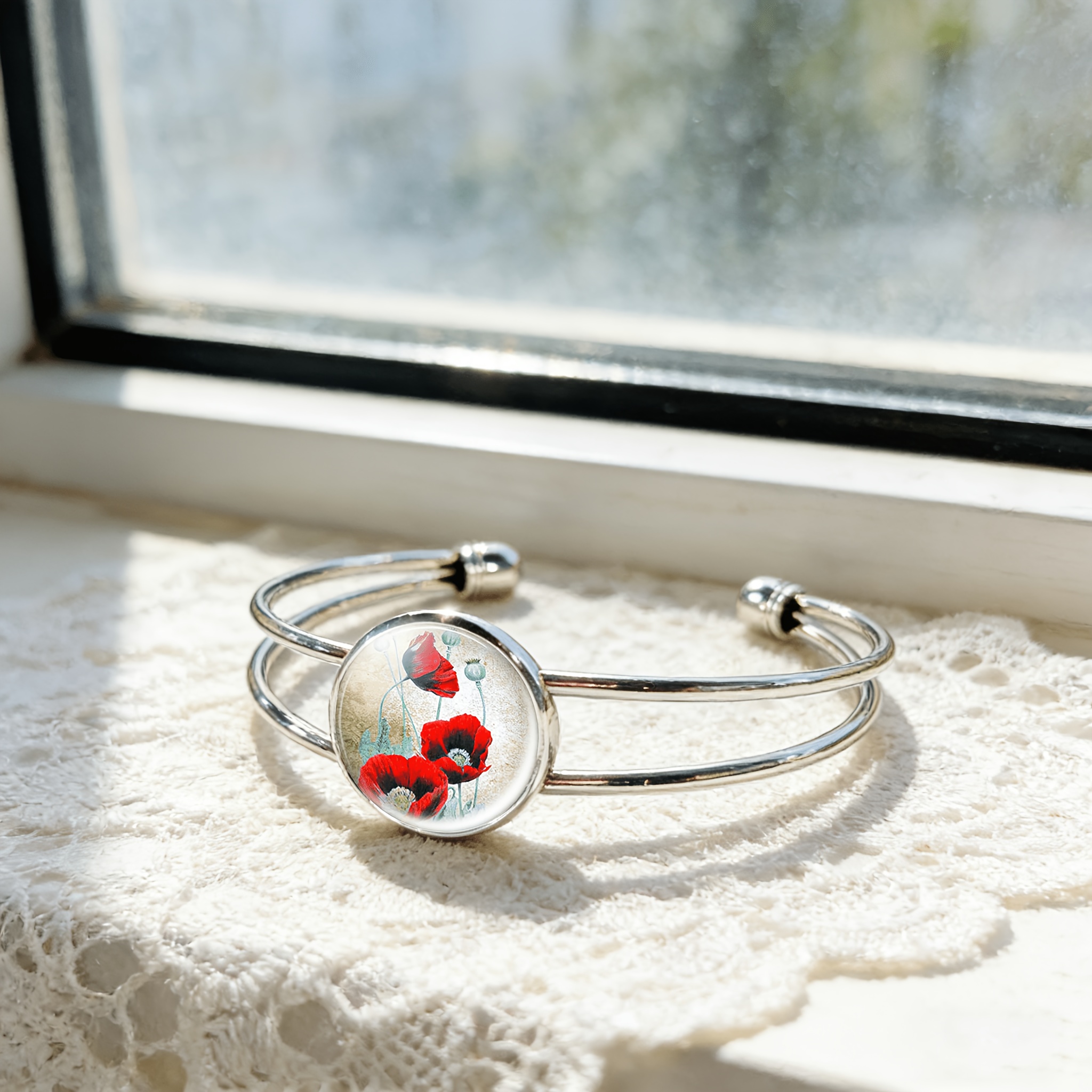 Women's Adjustable Open Bangle with Round Time Gemstone Inlay, Floral Design